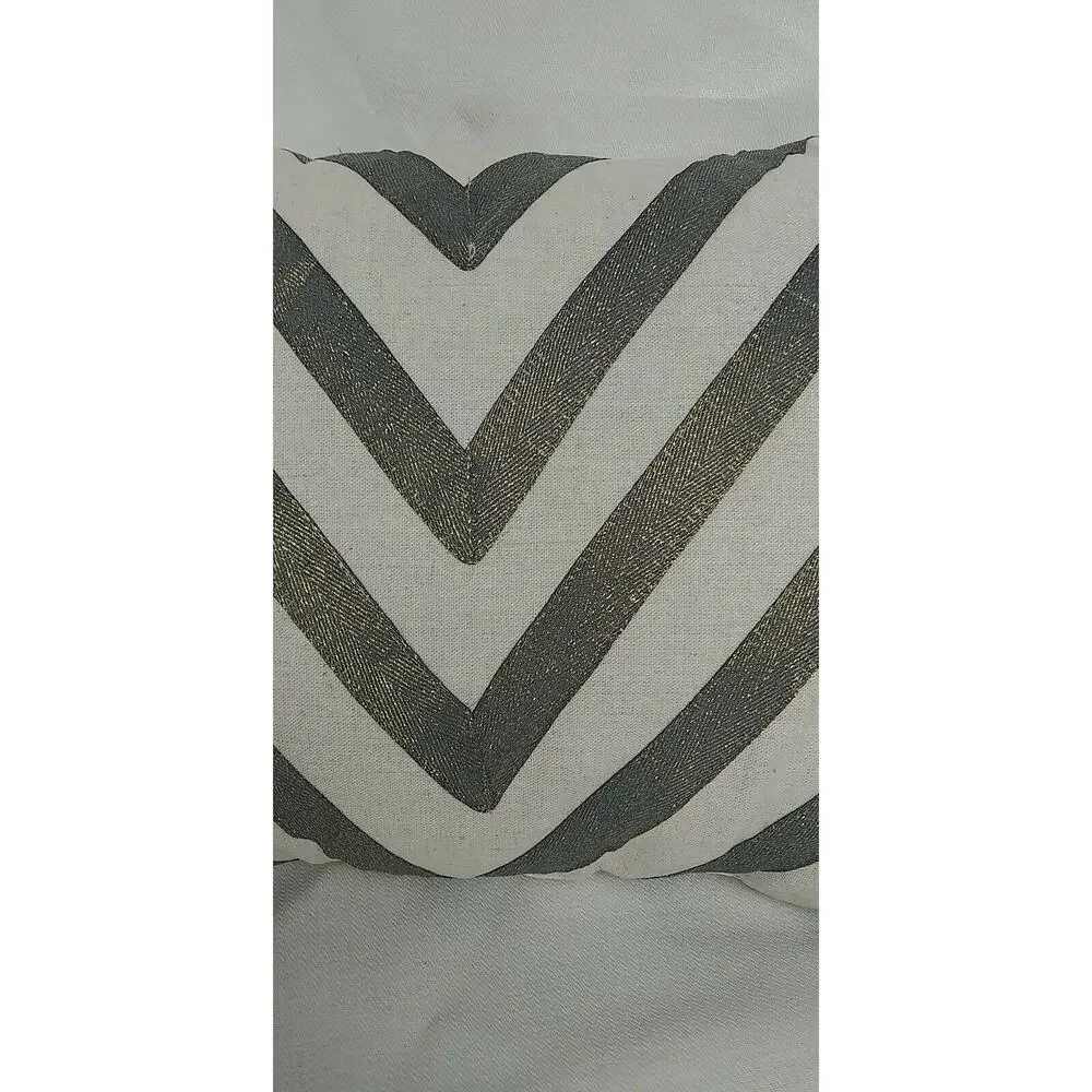Ayesha Chevron Ribbon Pillow - Natural With Dark Silver Ribbons